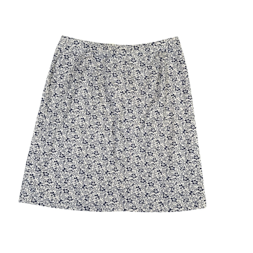 Eddie Bauer Womens 12 Floral Skirt Cream Navy Blue Cotton Blend A-Line Knee 5052